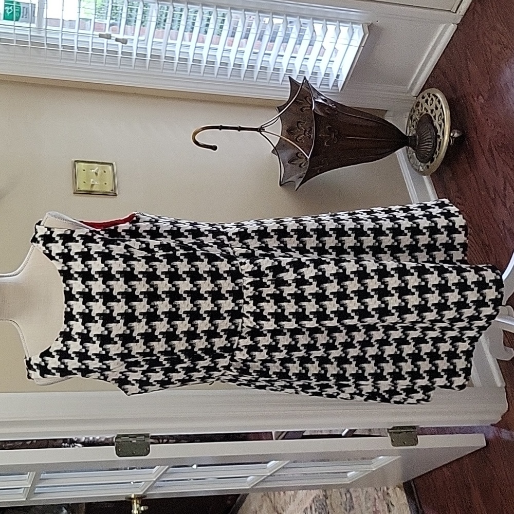 Jessica Simpson black white houndstooth check dress sleeveless full  skirt 14W…